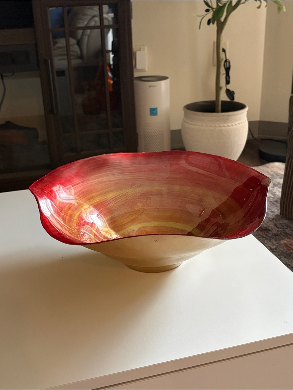 Hand-Blown Red Swirl Glass Decorative Bowl